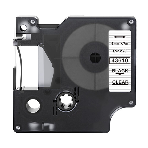 Cinta d'etiquetes compatible amb Dymo 43610, negre sobre transparent, 6mm x 7m