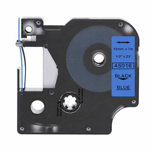 Cinta d'etiquetes compatible amb Dymo 45016, negre sobre blau, 12mm x 7m