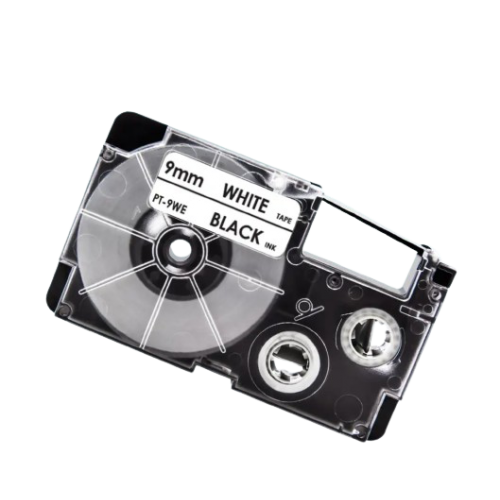 Cinta d'etiquetes compatible amb Casio XR-9WE, negre sobre blanc, 9mm x 8m